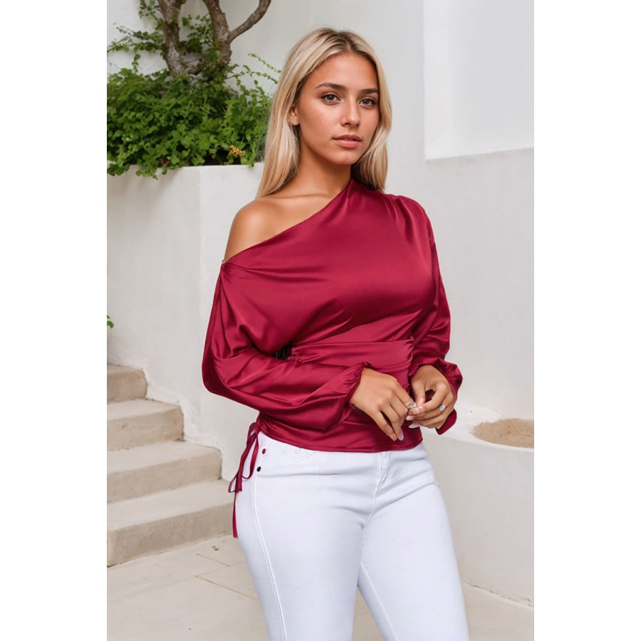 Drawstring One Shoulder Long Sleeve Blouse Apparel and Accessories