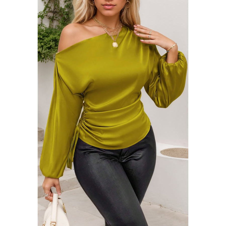 Drawstring One Shoulder Long Sleeve Blouse Apparel and Accessories