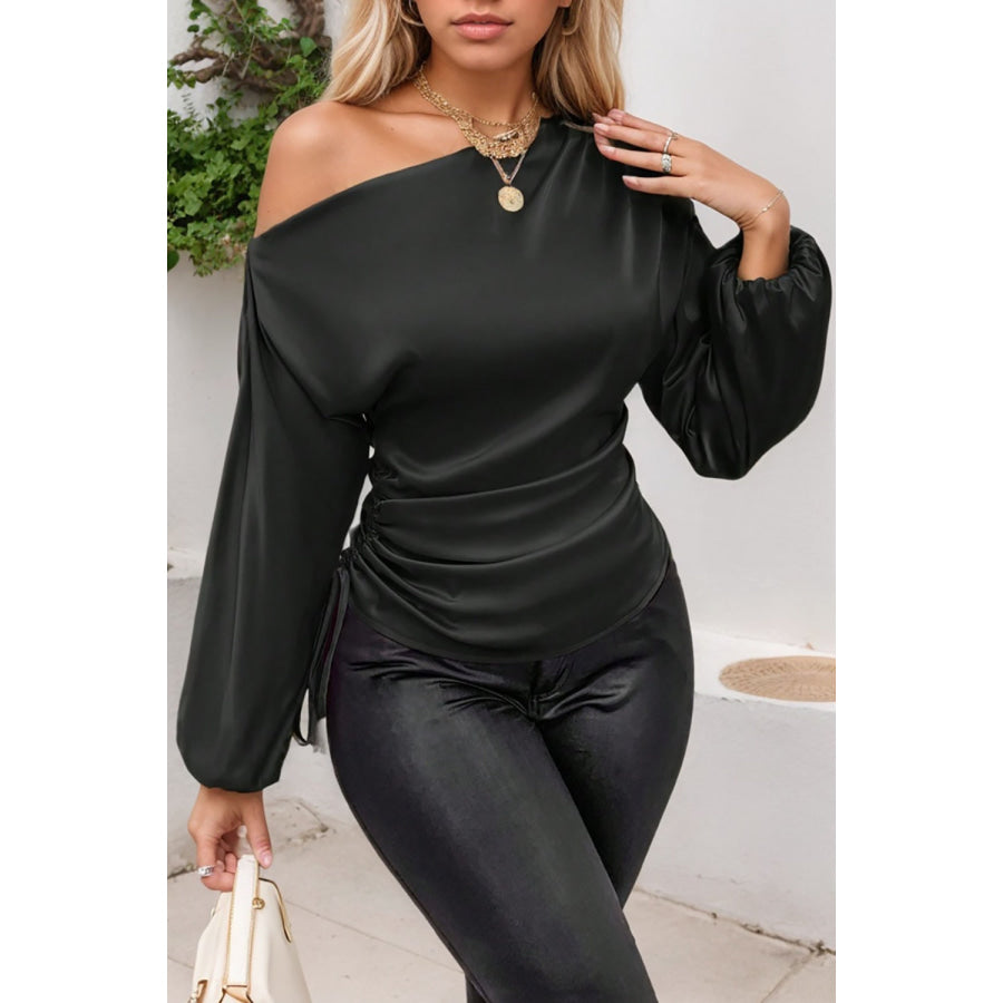 Drawstring One Shoulder Long Sleeve Blouse Apparel and Accessories