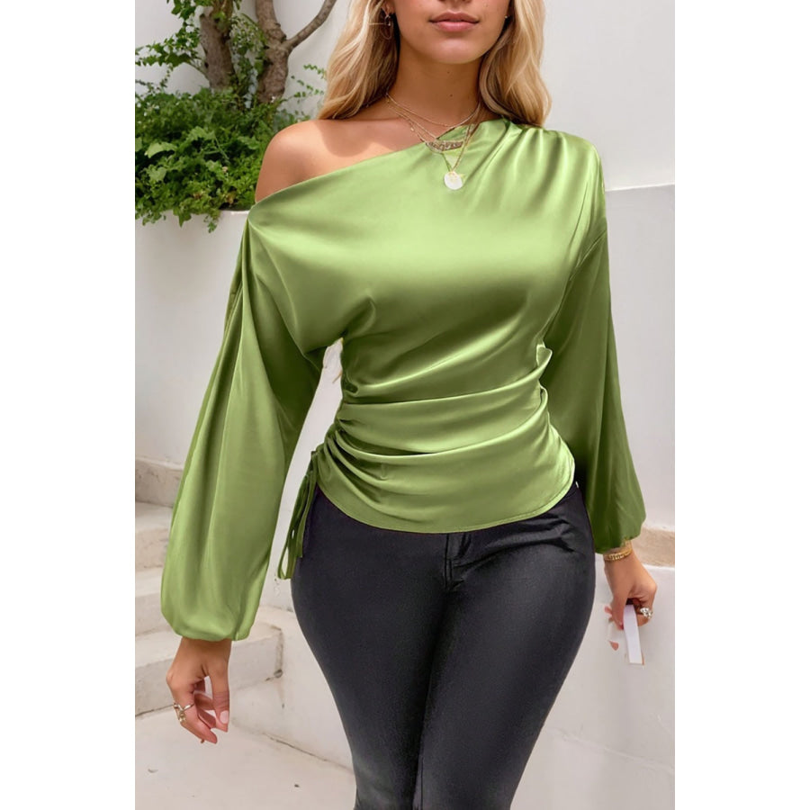 Drawstring One Shoulder Long Sleeve Blouse Apparel and Accessories