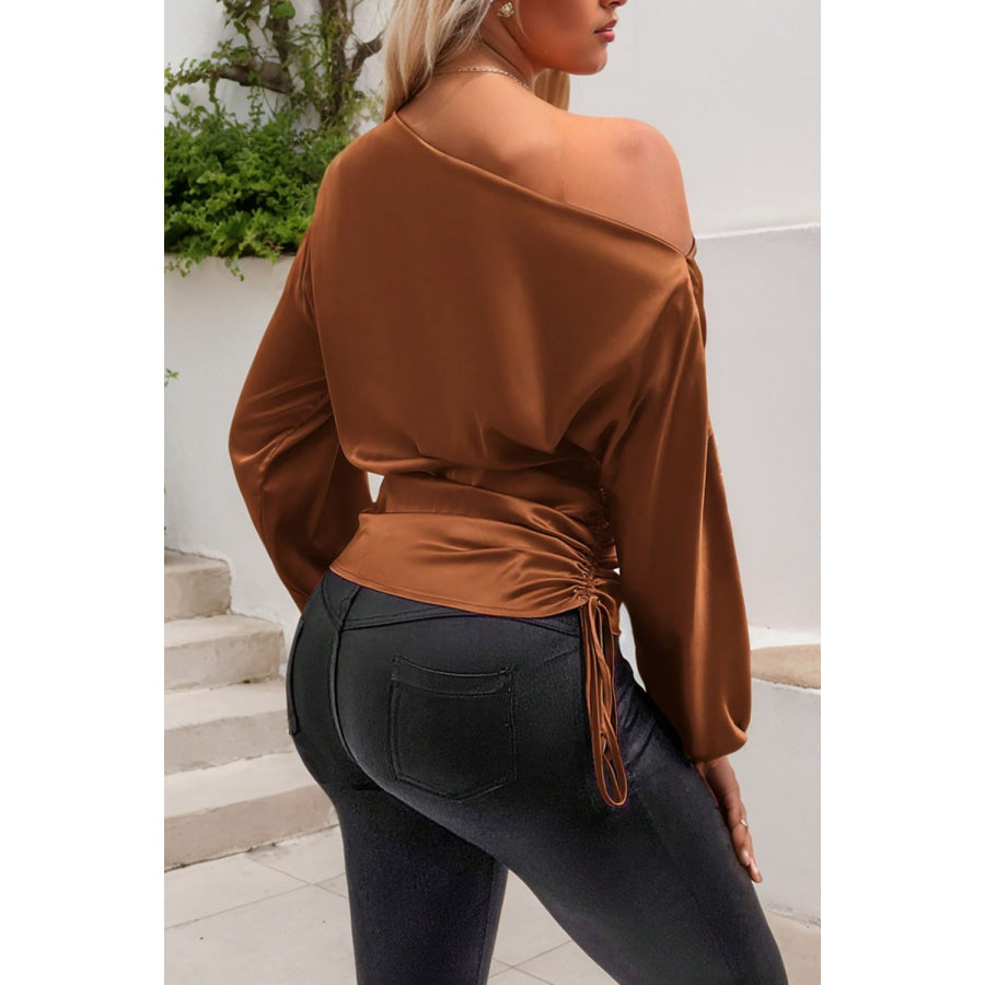 Drawstring One Shoulder Long Sleeve Blouse Apparel and Accessories