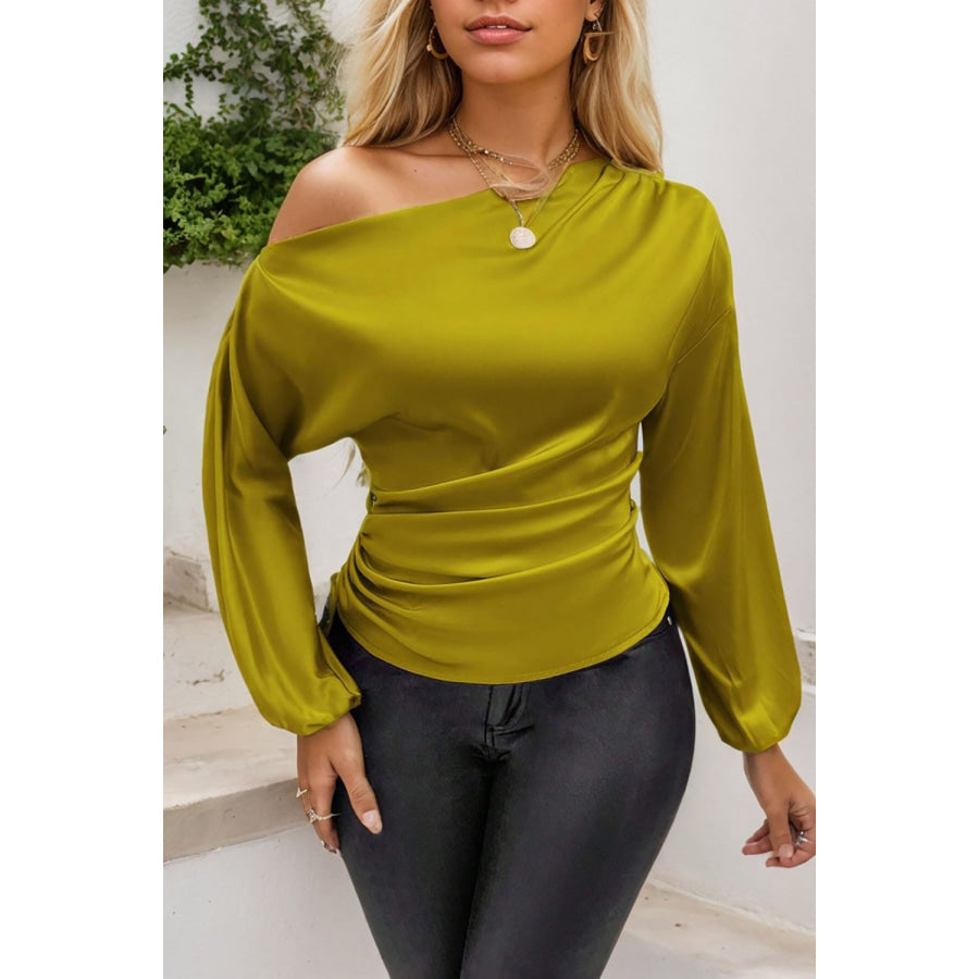 Drawstring One Shoulder Long Sleeve Blouse Apparel and Accessories