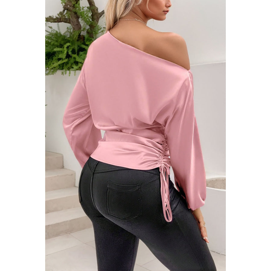 Drawstring One Shoulder Long Sleeve Blouse Apparel and Accessories