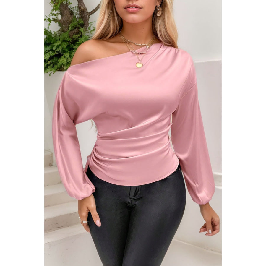 Drawstring One Shoulder Long Sleeve Blouse Apparel and Accessories
