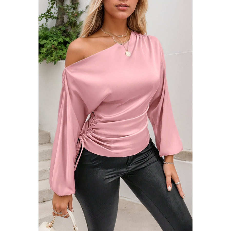 Drawstring One Shoulder Long Sleeve Blouse Blush Pink / S Apparel and Accessories