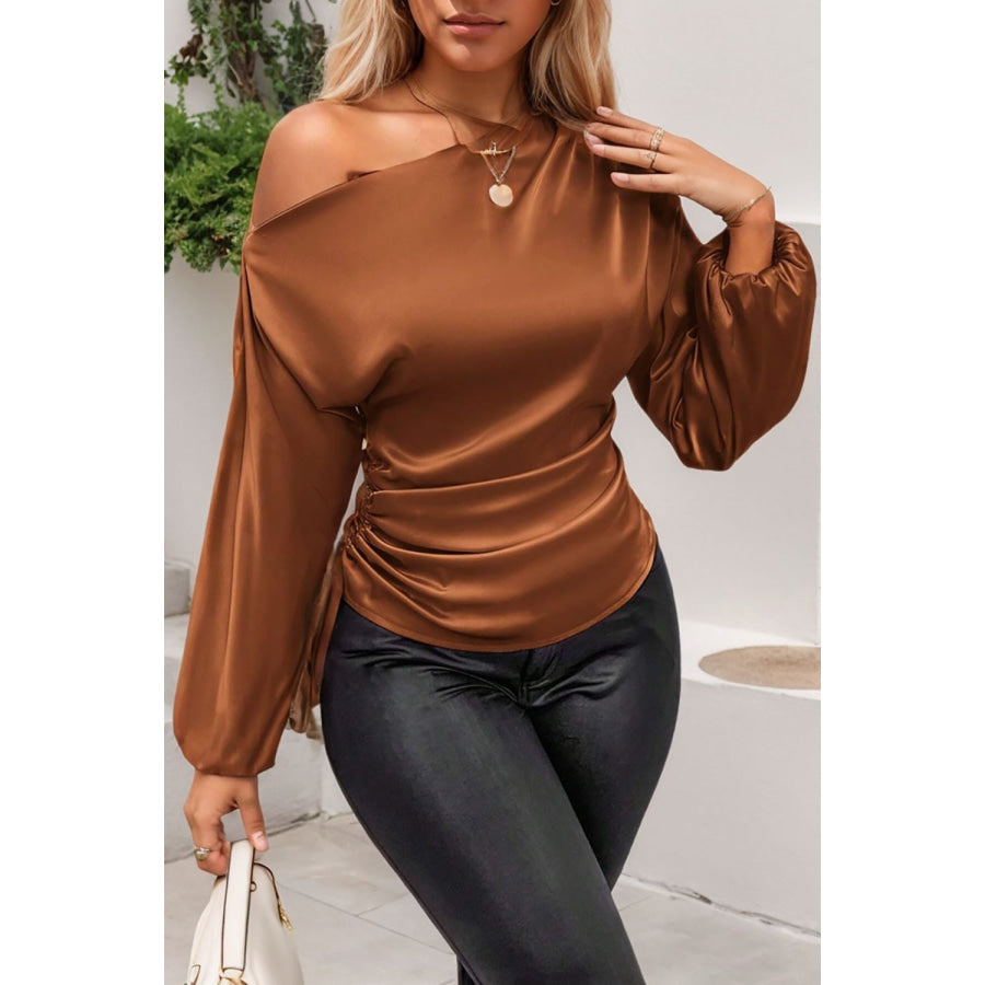 Drawstring One Shoulder Long Sleeve Blouse Brown / S Apparel and Accessories