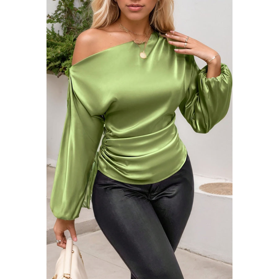 Drawstring One Shoulder Long Sleeve Blouse Matcha Green / S Apparel and Accessories