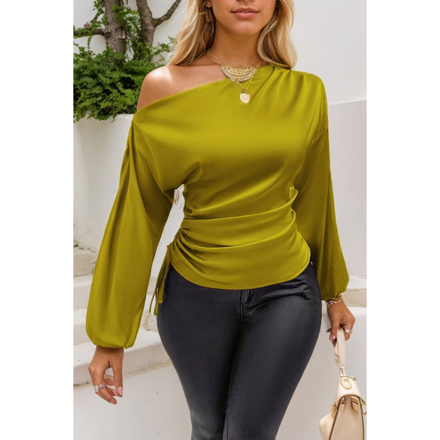 Drawstring One Shoulder Long Sleeve Blouse Olive / S Apparel and Accessories