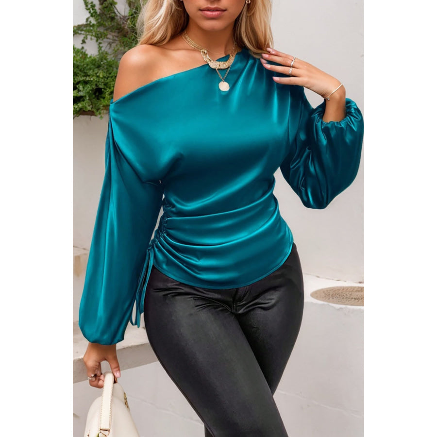 Drawstring One Shoulder Long Sleeve Blouse Peacock Blue / S Apparel and Accessories