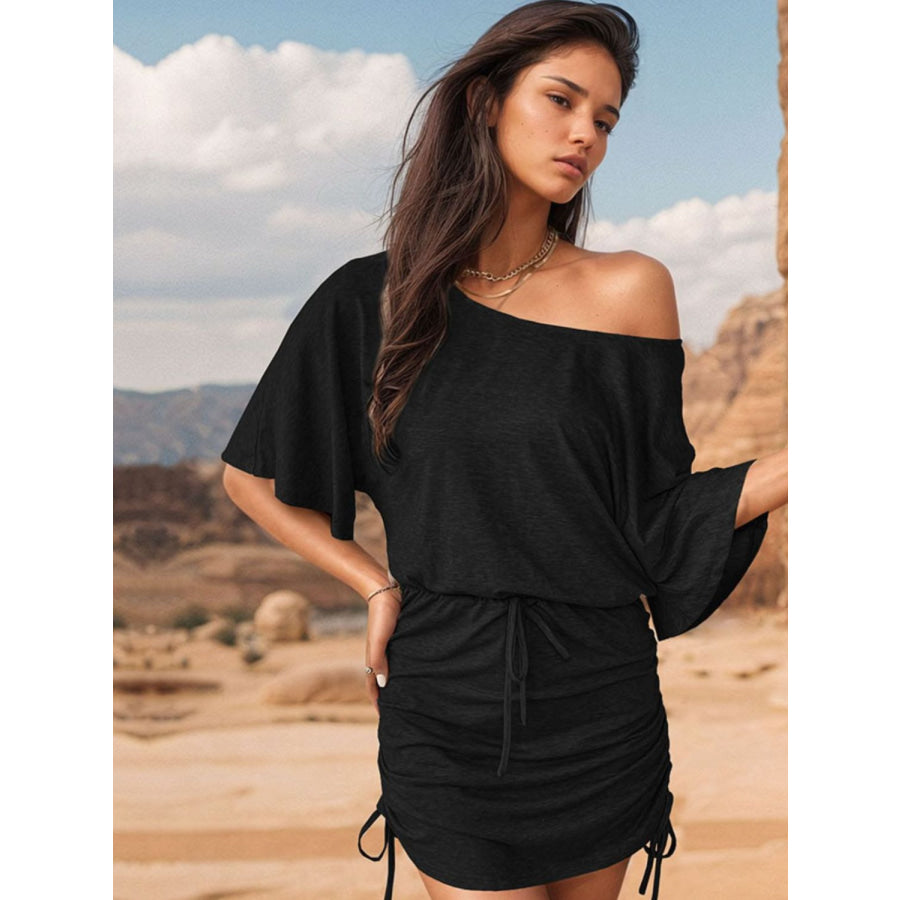 Drawstring One Shoulder Three-Quarter Sleeve Mini Dress Apparel and Accessories