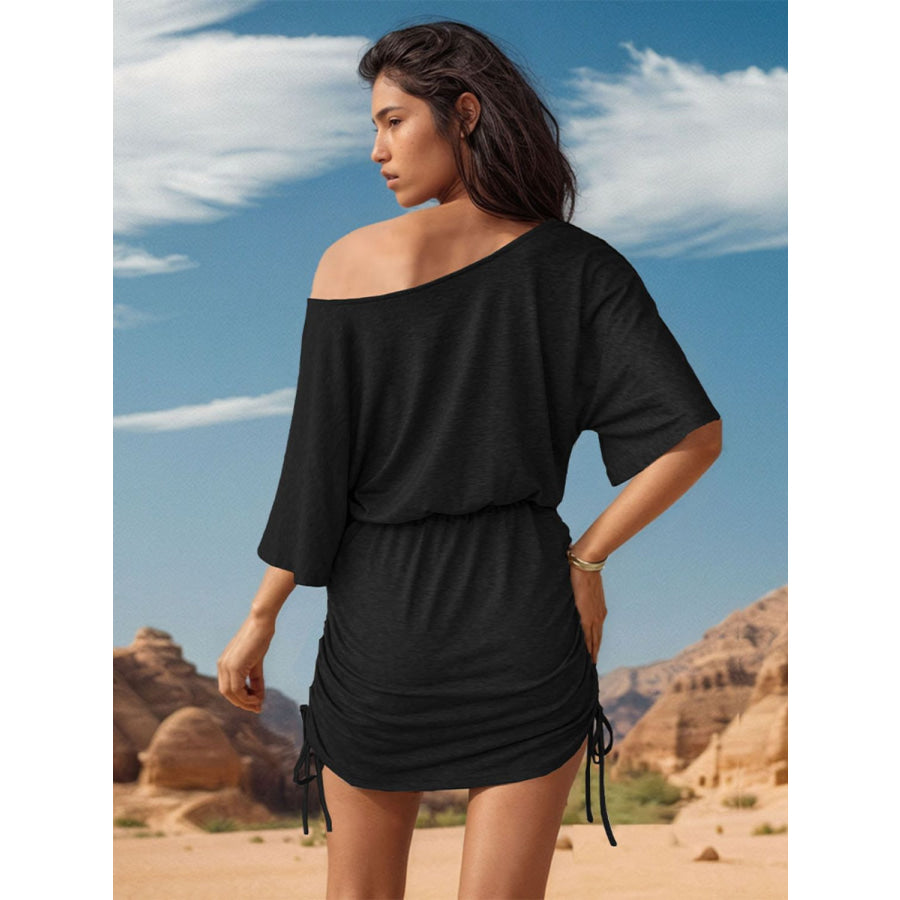 Drawstring One Shoulder Three-Quarter Sleeve Mini Dress Apparel and Accessories