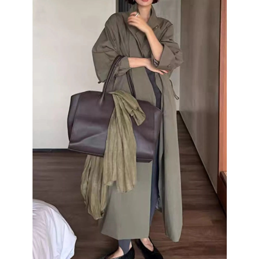 Drawstring Open Front Longline Trench Coat Apparel and Accessories