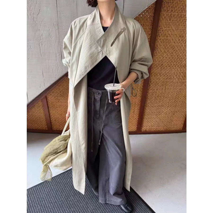 Drawstring Open Front Longline Trench Coat Sage / One Size Apparel and Accessories