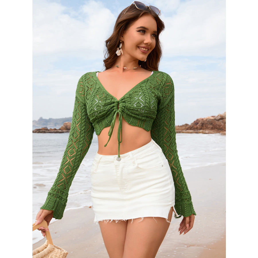 Drawstring Openwork Long Sleeve Cover - Up Mid Green / S Apparel and Accessories