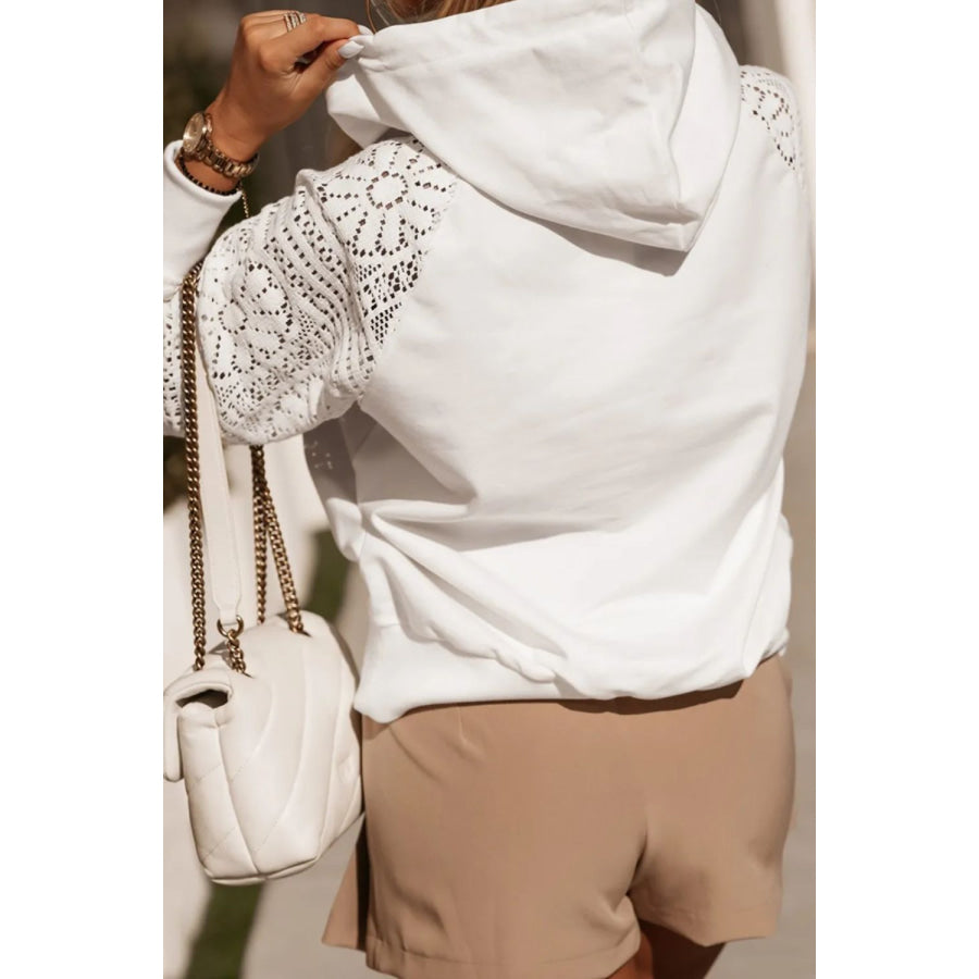 Drawstring Openwork Long Sleeve Hoodie White / S Apparel and Accessories