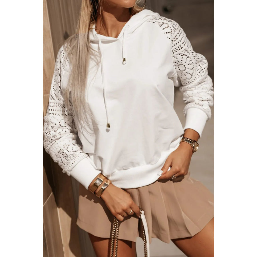 Drawstring Openwork Long Sleeve Hoodie White / S Apparel and Accessories