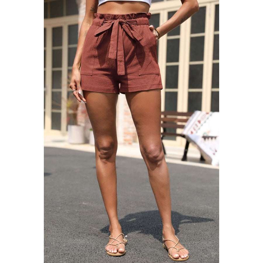 Drawstring Paperbag Waist Shorts with Pockets Brick Red / S