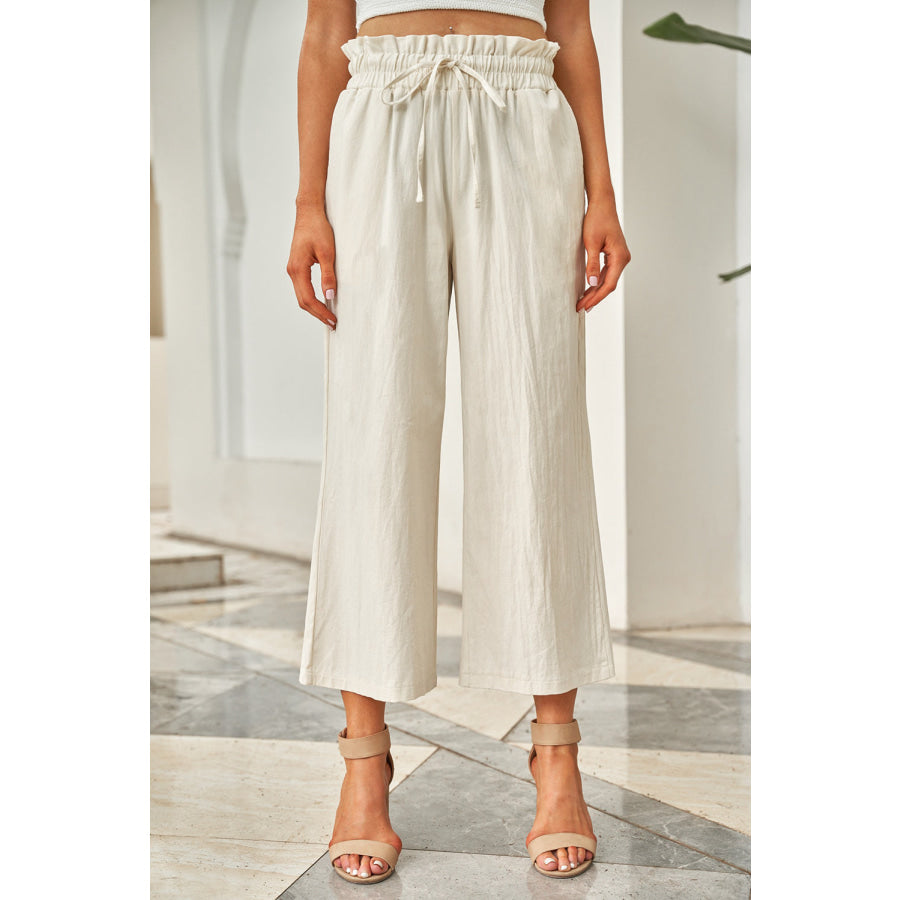 Drawstring Paperbag Waist Wide Leg Pants Ivory / S Apparel and Accessories