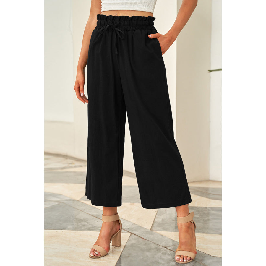 Drawstring Paperbag Waist Wide Leg Pants Black / S Apparel and Accessories