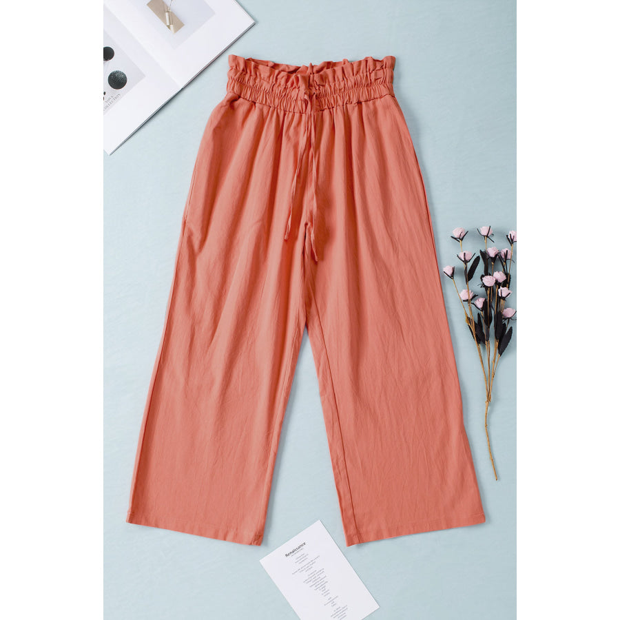 Drawstring Paperbag Waist Wide Leg Pants Coral / S Apparel and Accessories