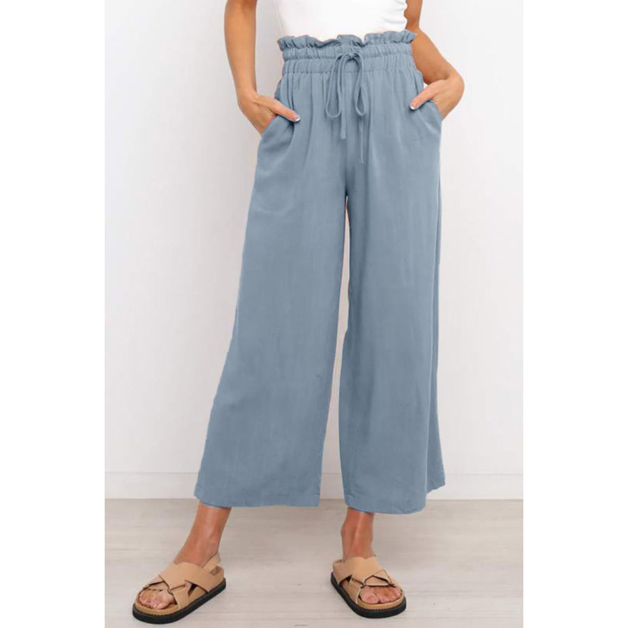 Drawstring Paperbag Waist Wide Leg Pants Misty Blue / S Apparel and Accessories