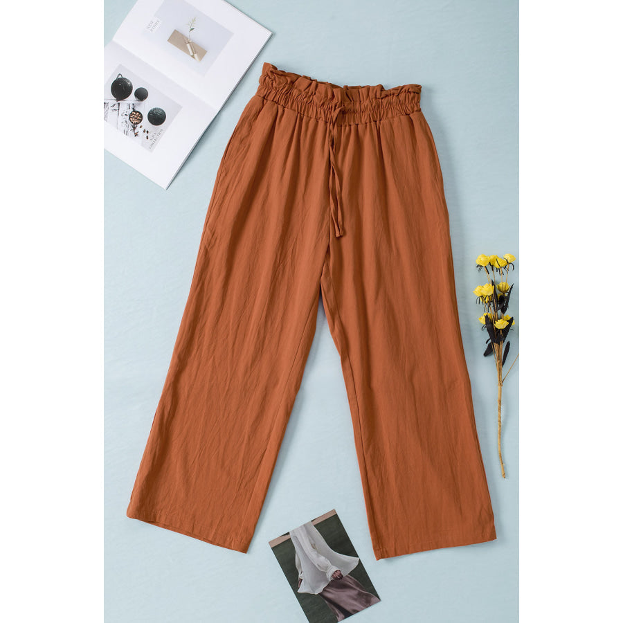 Drawstring Paperbag Waist Wide Leg Pants Ochre / S Apparel and Accessories