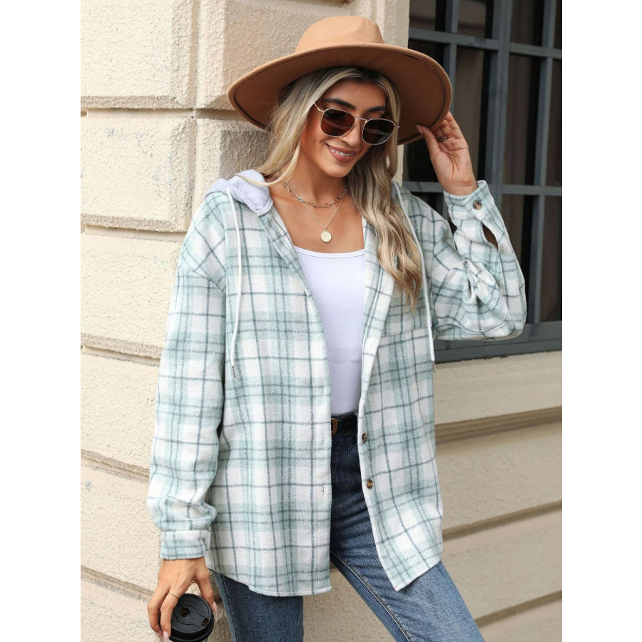 Drawstring Plaid Button Up Hooded Jacket Apparel and Accessories