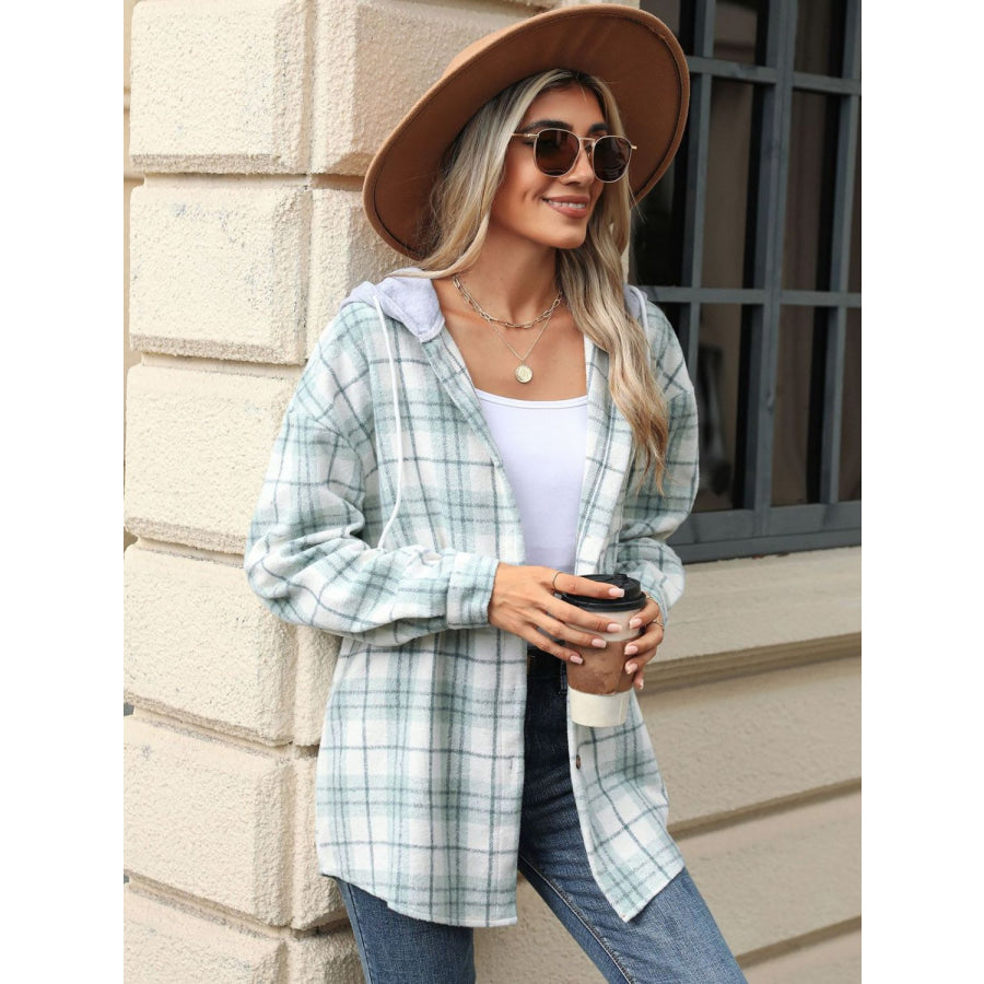 Drawstring Plaid Button Up Hooded Jacket Apparel and Accessories