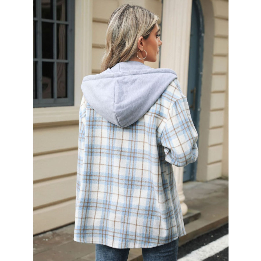 Drawstring Plaid Button Up Hooded Jacket Apparel and Accessories