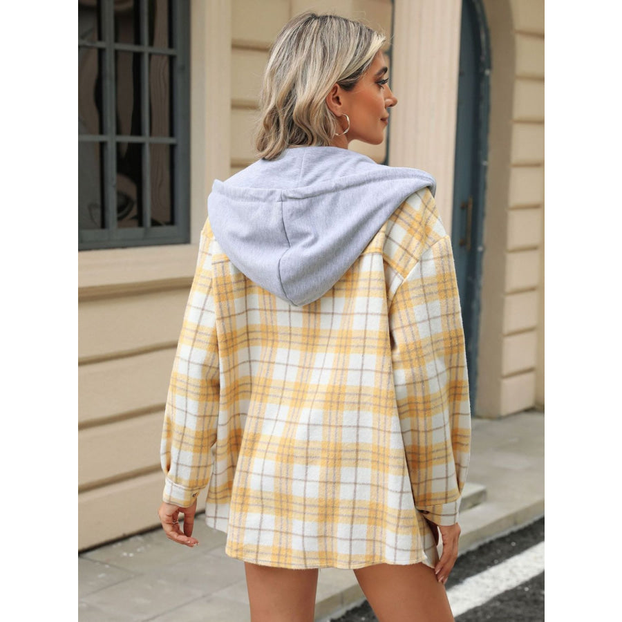 Drawstring Plaid Button Up Hooded Jacket Apparel and Accessories