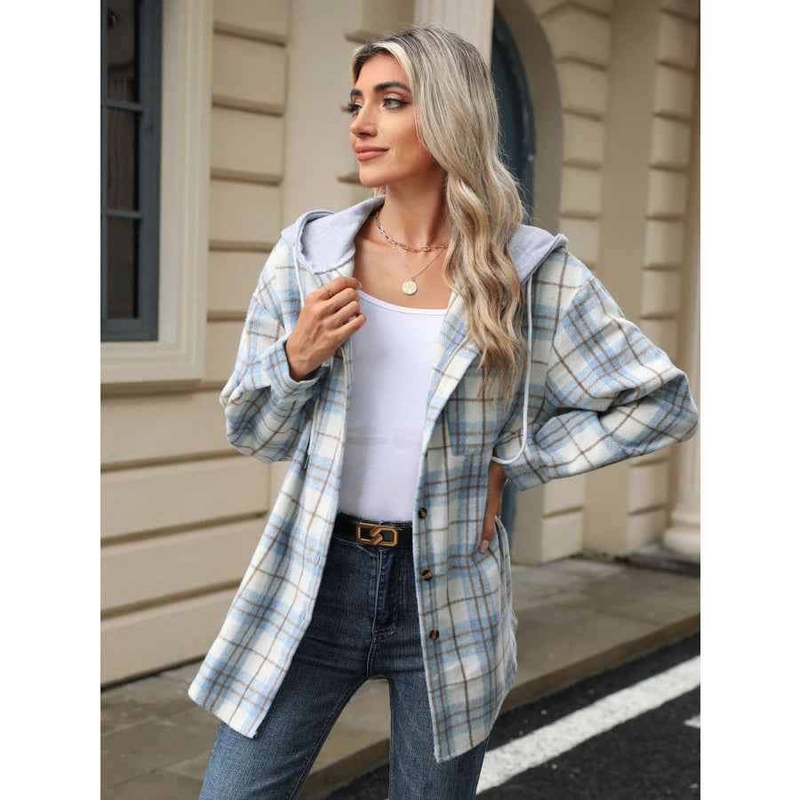 Drawstring Plaid Button Up Hooded Jacket Apparel and Accessories