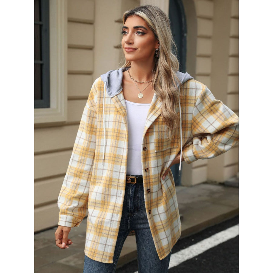 Drawstring Plaid Button Up Hooded Jacket Apparel and Accessories