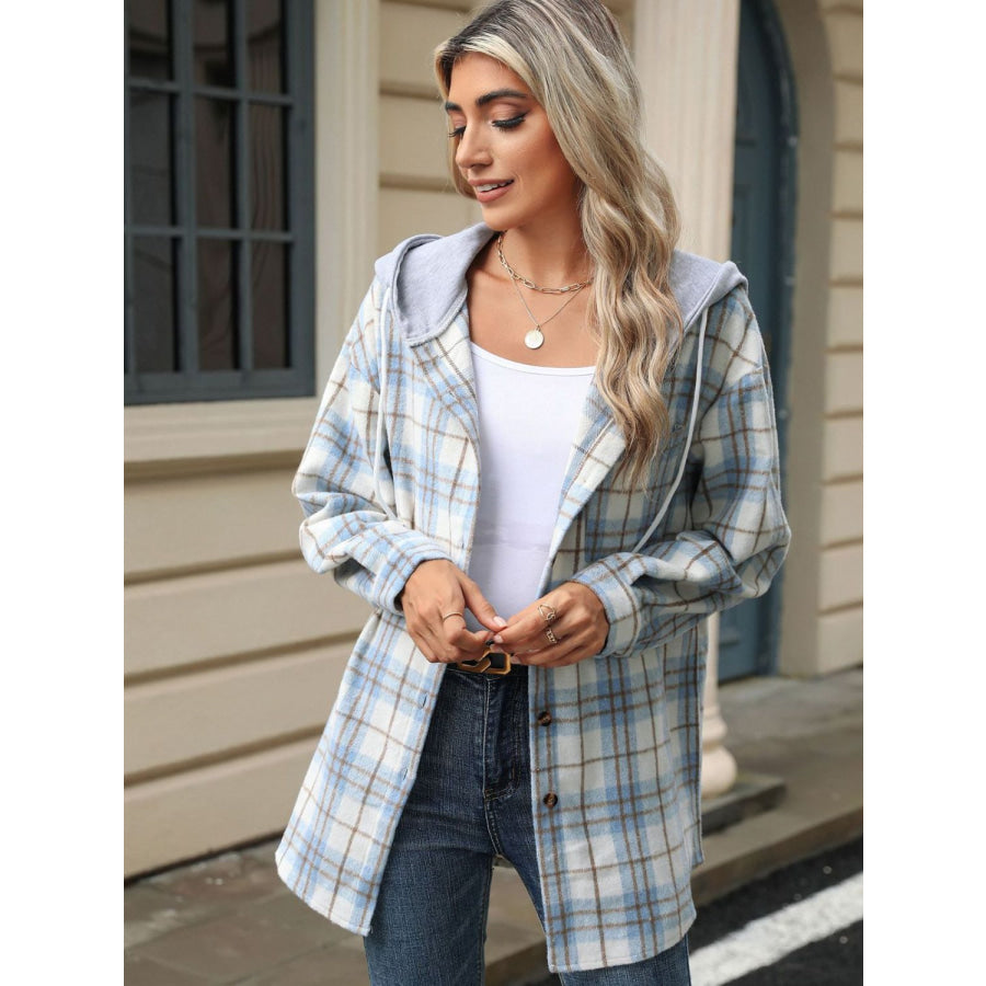 Drawstring Plaid Button Up Hooded Jacket Apparel and Accessories