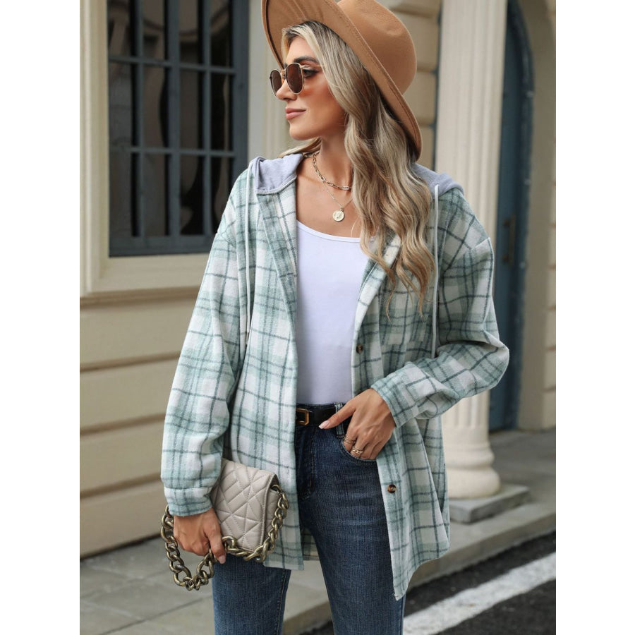 Drawstring Plaid Button Up Hooded Jacket Apparel and Accessories