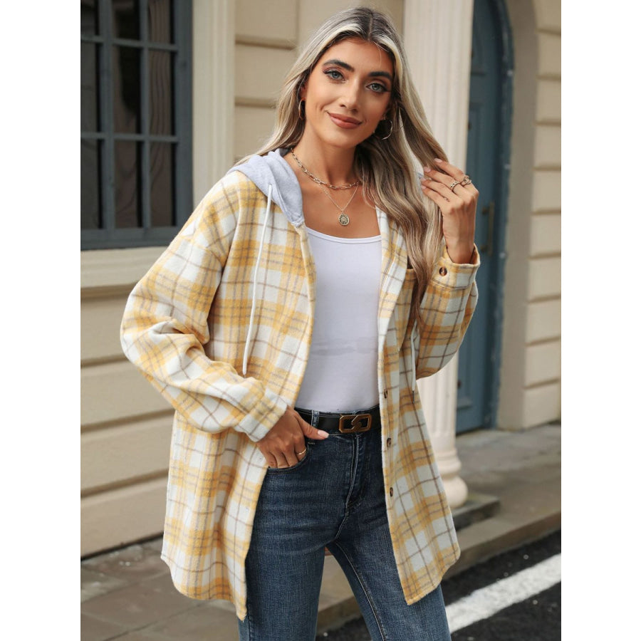 Drawstring Plaid Button Up Hooded Jacket Apparel and Accessories