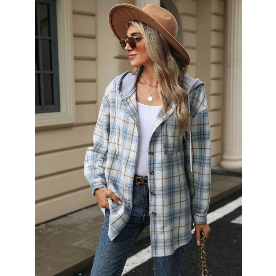 Drawstring Plaid Button Up Hooded Jacket Apparel and Accessories