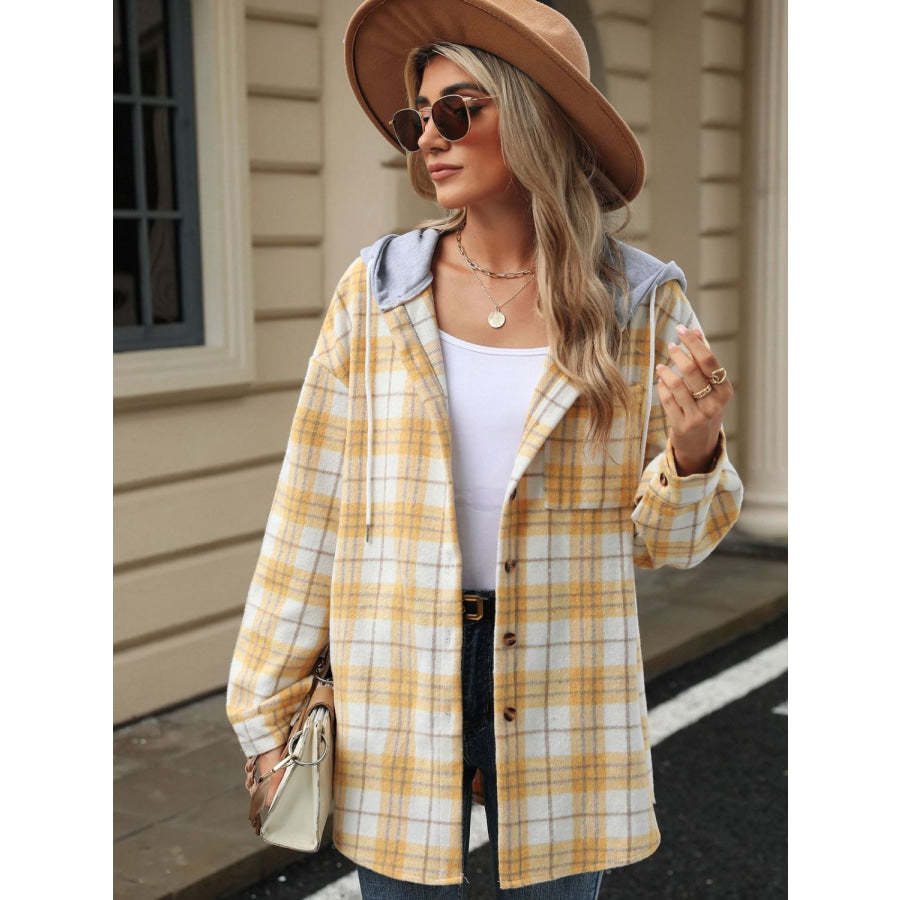 Drawstring Plaid Button Up Hooded Jacket Apparel and Accessories