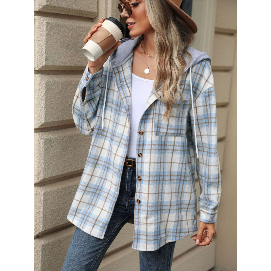 Drawstring Plaid Button Up Hooded Jacket Apparel and Accessories