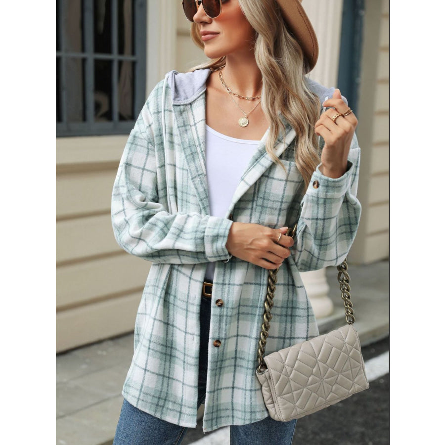 Drawstring Plaid Button Up Hooded Jacket Apparel and Accessories