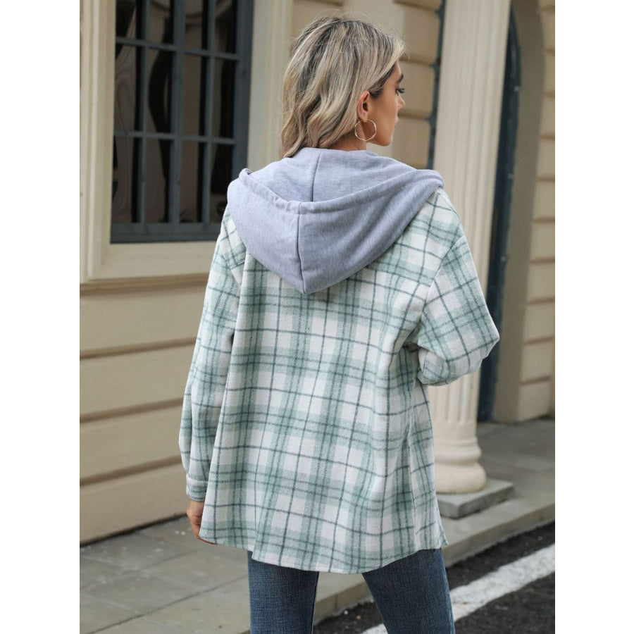 Drawstring Plaid Button Up Hooded Jacket Apparel and Accessories