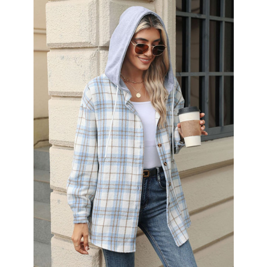 Drawstring Plaid Button Up Hooded Jacket Light Blue / S Apparel and Accessories