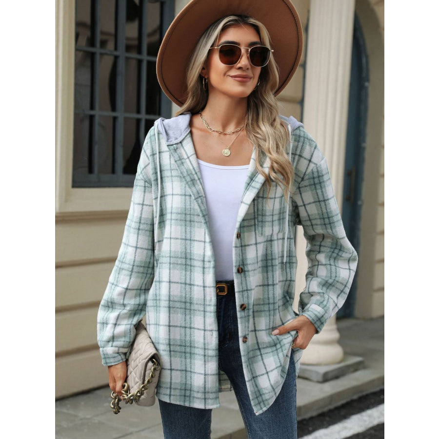 Drawstring Plaid Button Up Hooded Jacket Light Green / S Apparel and Accessories