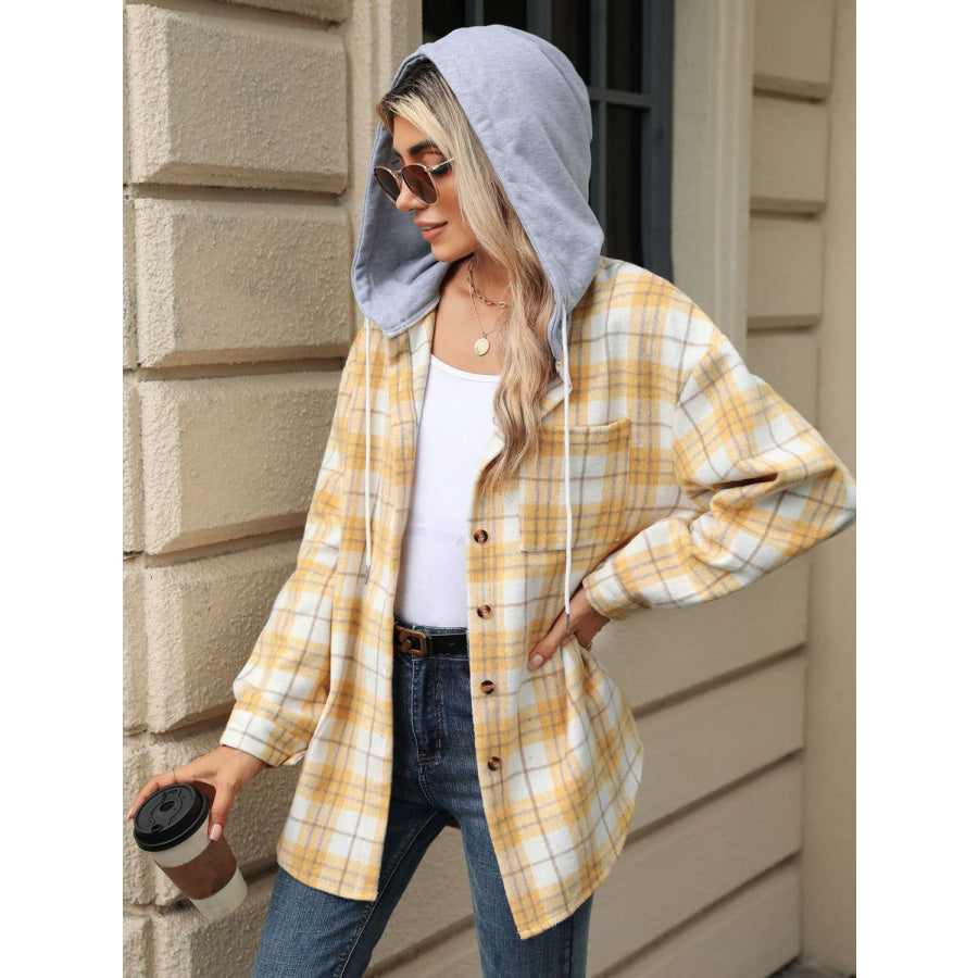 Drawstring Plaid Button Up Hooded Jacket Pastel Yellow / S Apparel and Accessories