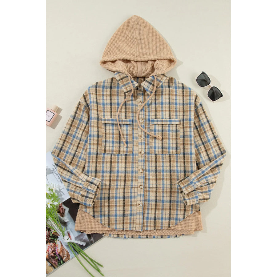 Drawstring Plaid Button Up Hooded Shacket Apparel and Accessories