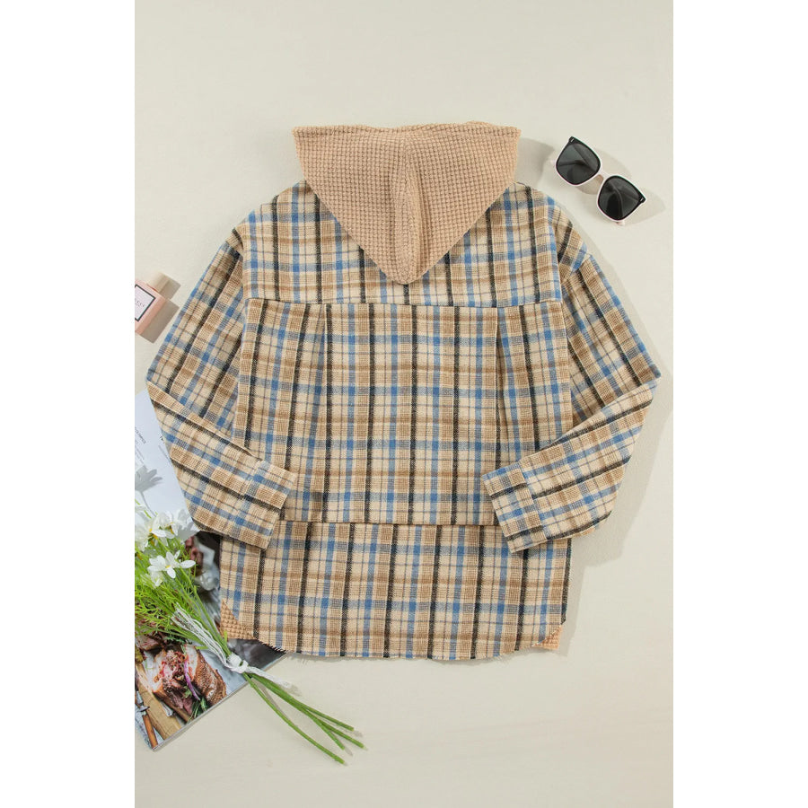 Drawstring Plaid Button Up Hooded Shacket Apparel and Accessories