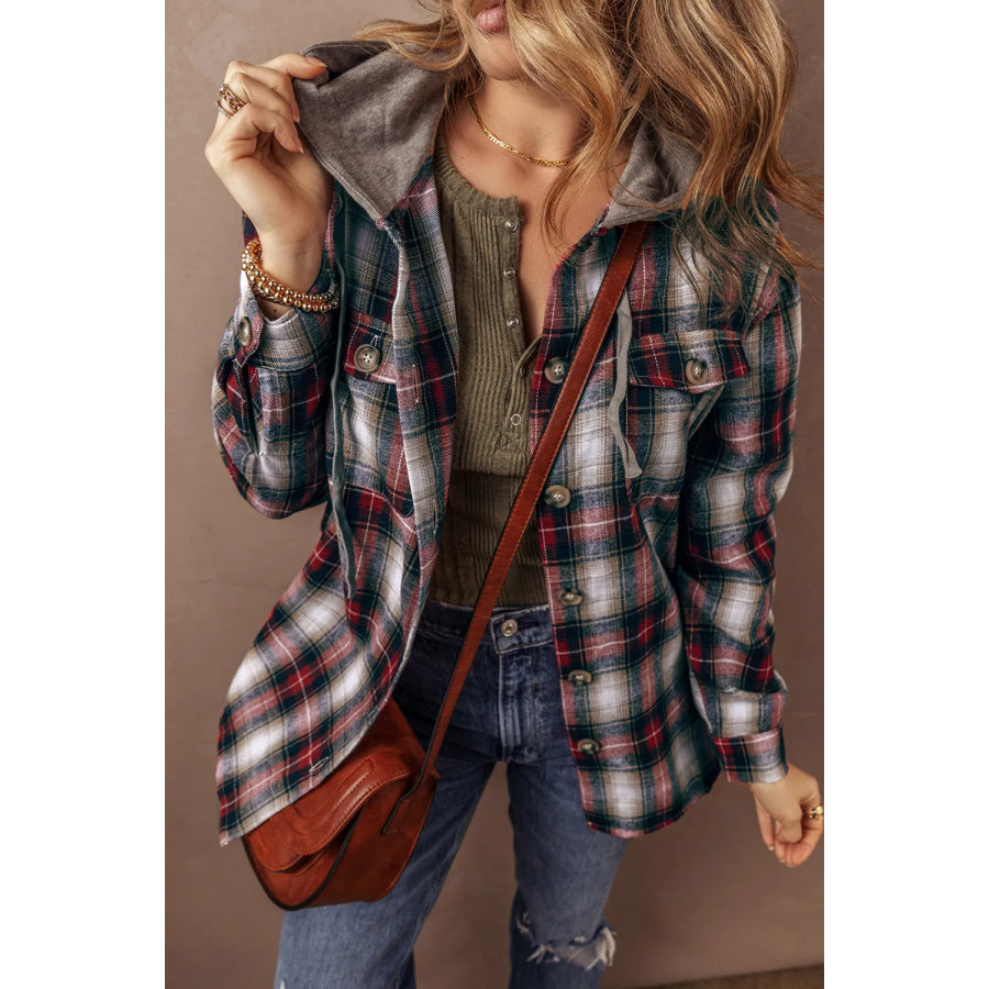 Drawstring Plaid Button Up Hooded Shacket Apparel and Accessories