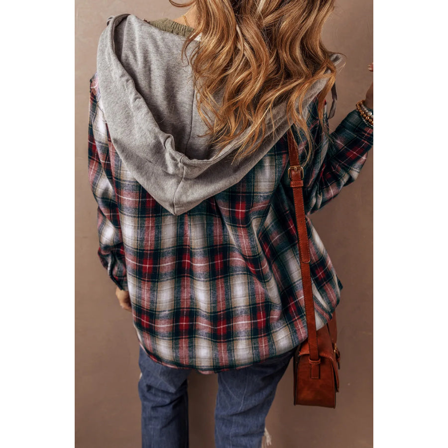 Drawstring Plaid Button Up Hooded Shacket Apparel and Accessories