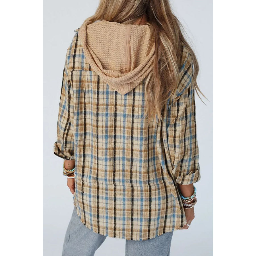 Drawstring Plaid Button Up Hooded Shacket Apparel and Accessories