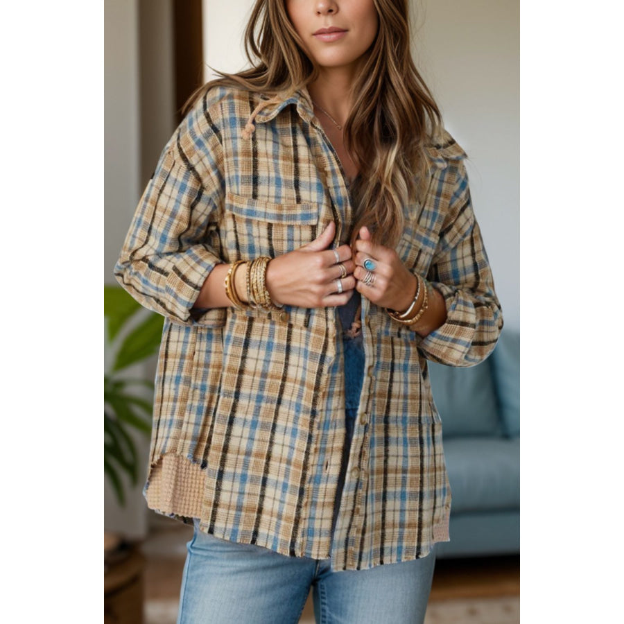 Drawstring Plaid Button Up Hooded Shacket Plaid / S Apparel and Accessories