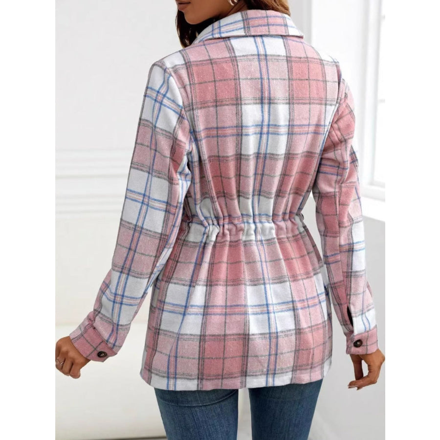 Drawstring Plaid Button Up Jacket with Chest Pockets Blush Pink / XS Apparel and Accessories